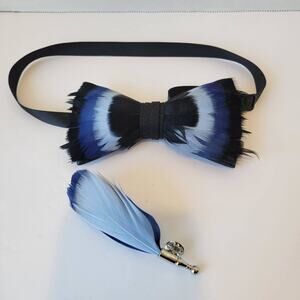 Blue Feather Bow Tie Pre-Tied Bow Tie with Brooch Set for Men Tuxedo Banquet